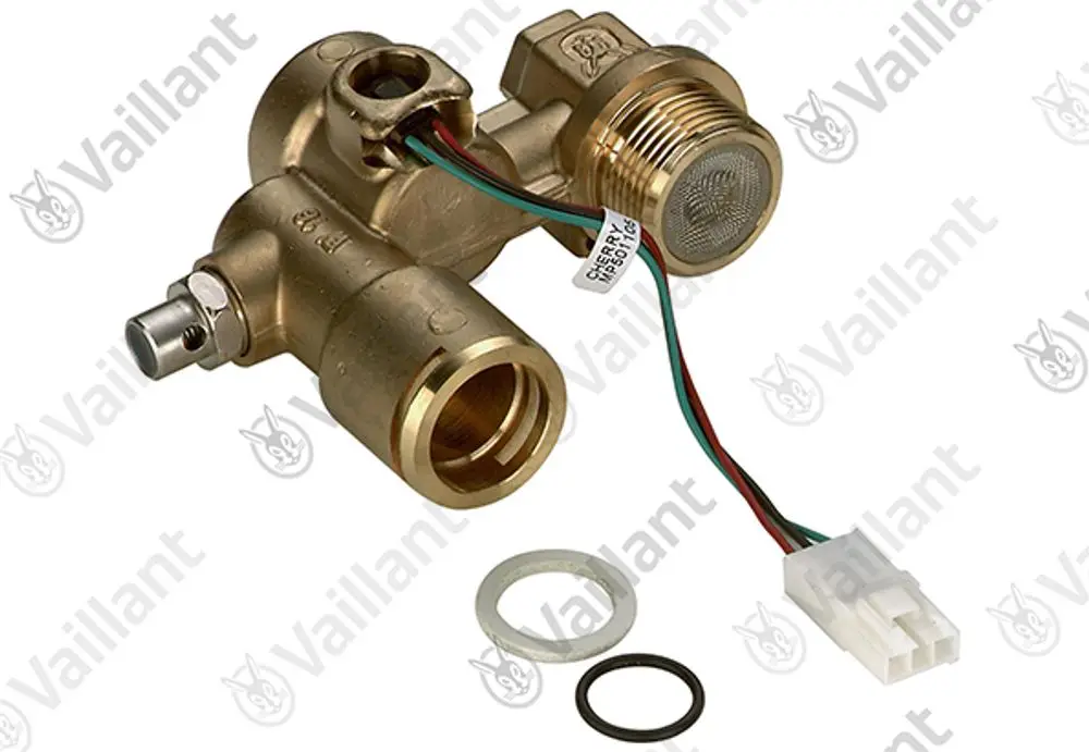 Vaillant Flügelradsensor aus Messing mit elektrischen Anschlüssen und Ringsitzen zur Befestigung, geeignet für Heizungsanlagen.
